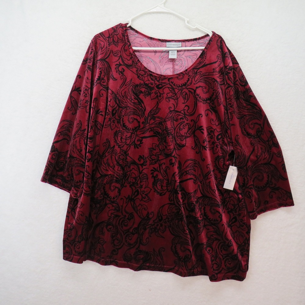 Catherines Womens 2X Burgundy Red Black Paisley Velvet 3/4 Sleeve Top NWT